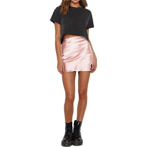 Women's Satin Lace Trim Short Skirt Baby Pink - Picture 6 of 6
